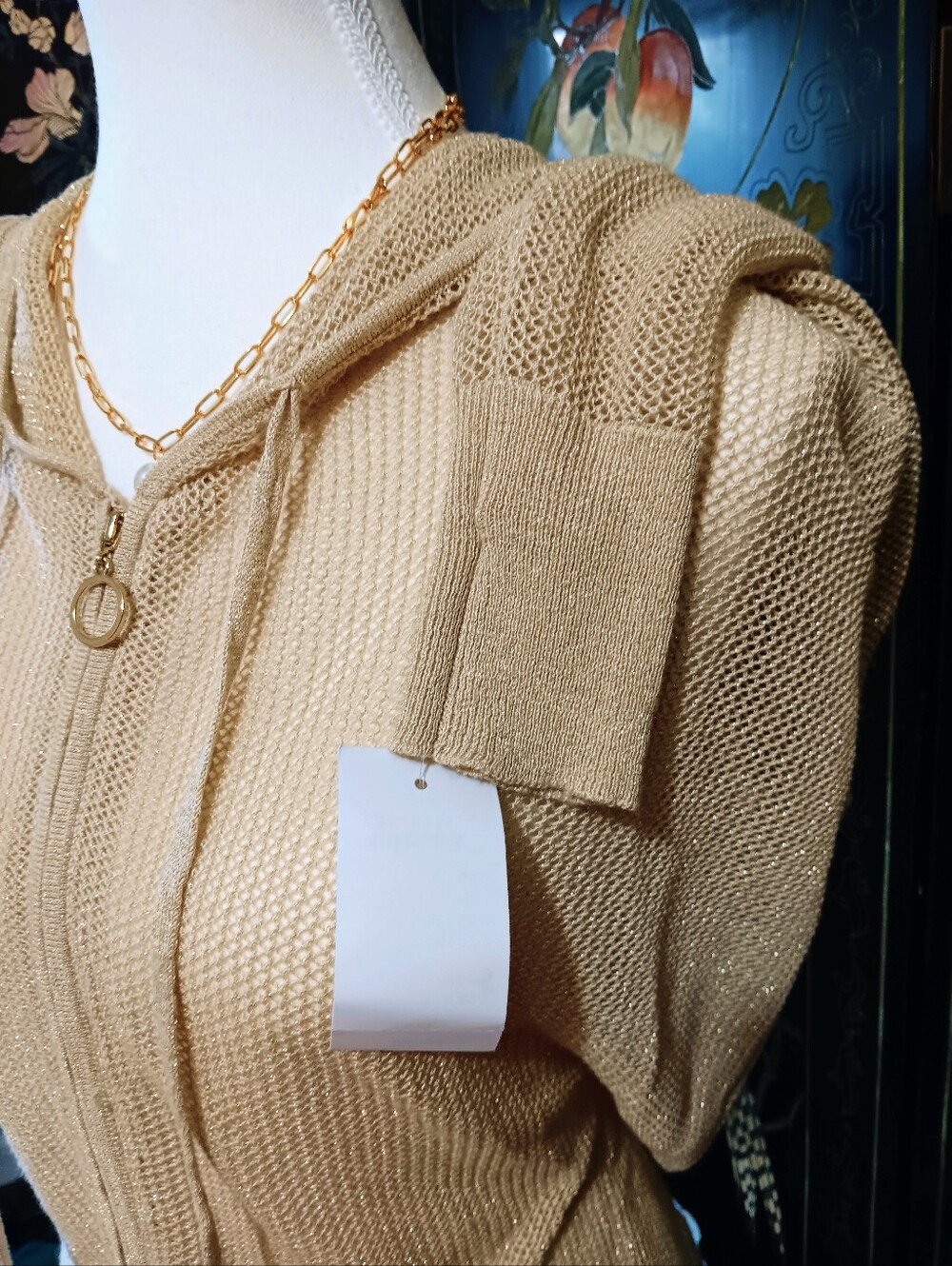 Frank Lyman Design Beige And Gold Knit Zip-Up Hoodie